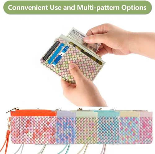 Vista 6 de Cartera pequeña de cuero con protección RFID de sirena para tarjetas de crédito, cartera delgada con correa para la muñeca con bolsillo