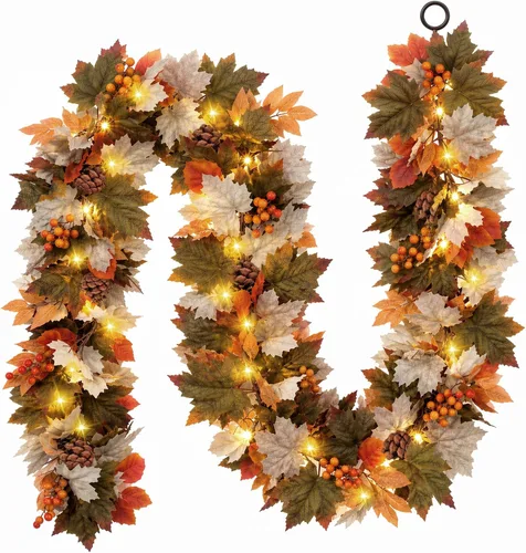 Vista 8 de Luxspire Guirnalda de otoño de 6 pies con luces y temporizador para Naranja-amarillo + gris claro