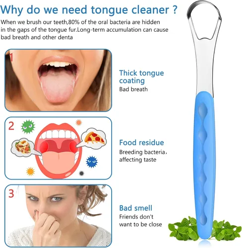 Vista 2 de 4 piezas de limpiador de lengua para adultos y niños, cepillo de lengua de acero inoxidable, raspador de metal, reduce el mal aliento con fundas