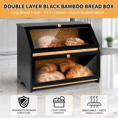 Vista 6 de HOMEKOKO Panera grande de doble capa para encimera de cocina, contenedor de almacenamiento de pan de madera de gran capacidad (negro)