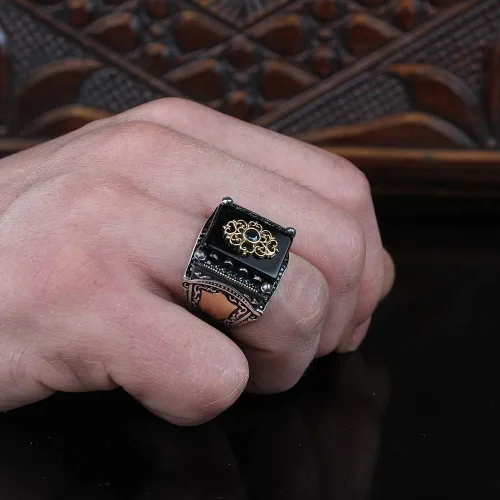 Vista 2 de Anillo de plata de ley 925 para hombre, joyería de piedra de circón natural negro, regalo vintage, anillo de ónix Aqeq para hombre, todos los tamaños