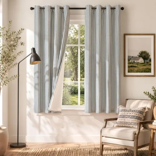 Vista 11 de Cortinas de cocina estilo granja a rayas Vangao de 24 pulgadas de largo, cortinas de lino para café, cortinas de nivel con rayas, cortinas Boxter
