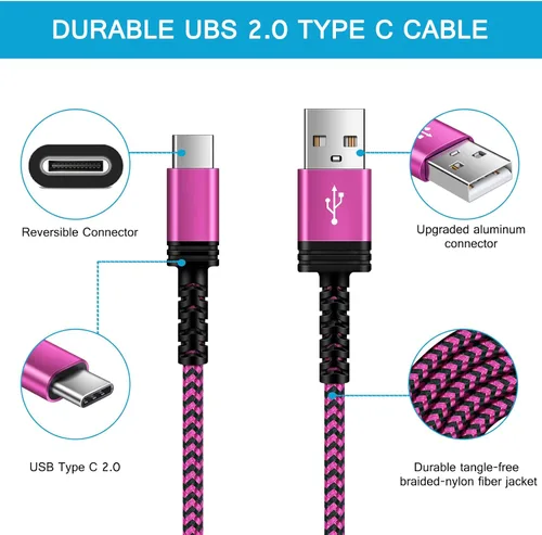 Vista 4 de Cable Samsung S23 Ultra USB tipo C de carga rápida, [3 unidades, 10 pies] largo USB C a USB A, cable de teléfono Android, cable de carga C de carga