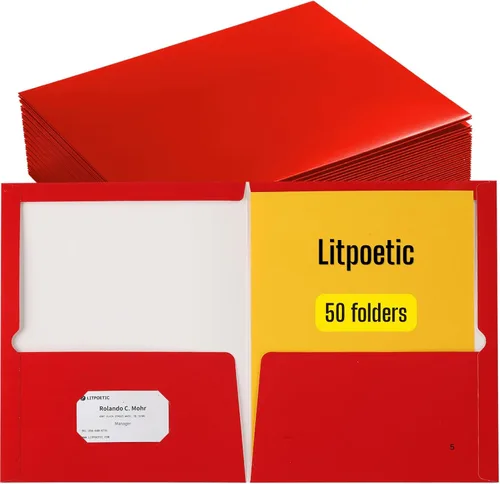 Vista 13 de Paquete de 25 carpetas de papel laminado brillante con 2 bolsillos profundos y ranura para tarjetas de visita, capacidad para 100 hojas de papel