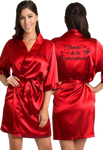 Vista 3 de Zynotti Batas de satén de quinceañera personalizadas con purpurina para toda la familia, bata de quinceañera