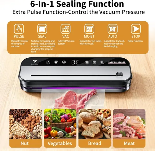 Vista 2 de Máquina selladora al vacío de alimentos CALOOP con 20 bolsas de sellado, potente ahorrador de alimentos de 80 Kpa para almacenamiento en la cocina