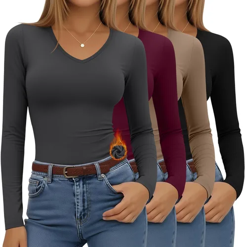 Vista 19 de Paquete de 4 camisas térmicas de manga larga para mujer, con forro polar, cuello en V, ropa interior ajustada, capa base, básica, tops cálidos