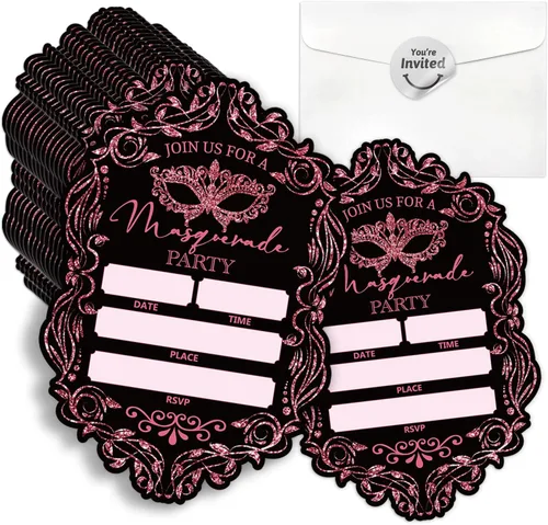Vista 10 de Invitaciones para fiesta de máscaras, invitaciones de fiesta de Mardi Gras, 15 tarjetas y sobres, diseño floral moderno, unisex, adultos, ocasión