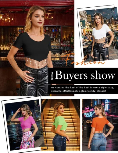 Vista 4 de Dresswel Nashville - Blusa corta brillante de manga corta con flecos de diamantes de imitación para verano, blusa corta con borlas y purpurina