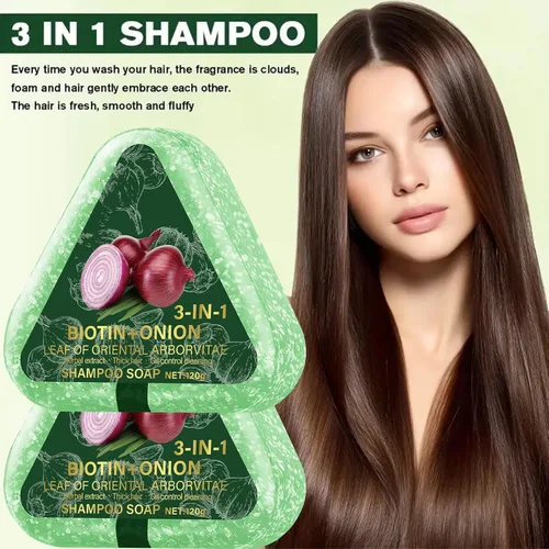 Vista 2 de Barra de champú de cebolla para el crecimiento del cabello, barra de champú de biotina de cebolla 3 en 1 para pérdida de cabello, cabello