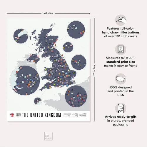 Vista 2 de Pop Chart Clubes de fútbol del Reino Unido Póster artístico de 16 x 20 pulgadas Más de 100 clubes de fútbol de Inglaterra, Escocia y Gales en un