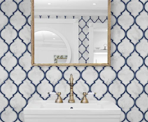 Vista 2 de NextWall Papel tapiz de vinilo y pelado de imitación de Ogee mármol (azul real y carrara)