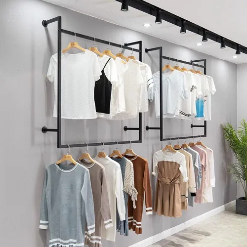 Vista 2 de zktoermn Perchero de ropa montado en la pared, estante industrial de metal para ropa, estante de doble barra para colgar ropa, estante de tubería