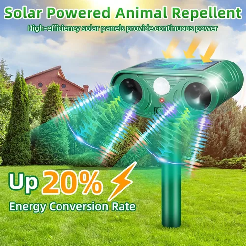 Vista 3 de Repelente solar ultrasónico de animales 2025 Disuasorio para gatos al aire libre activado por movimiento Venado asustador, ardilla, conejo