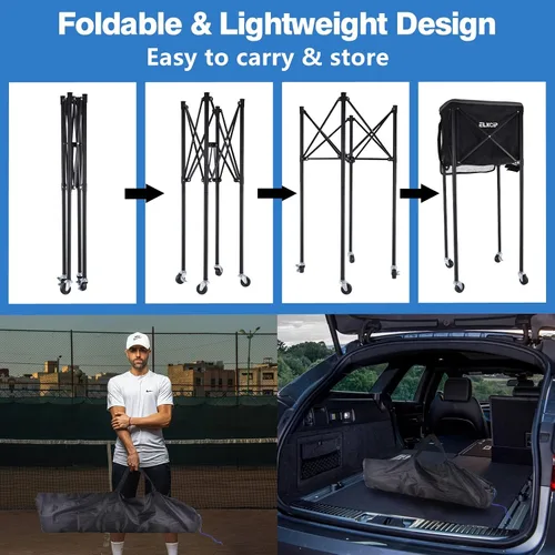 Vista 5 de Portable Pickleball & Tennis Ball Hopper with Wheels, Foldable Sports Balls Teaching Cart, Lightweight Softball Caddy, Large Capacity Baseball