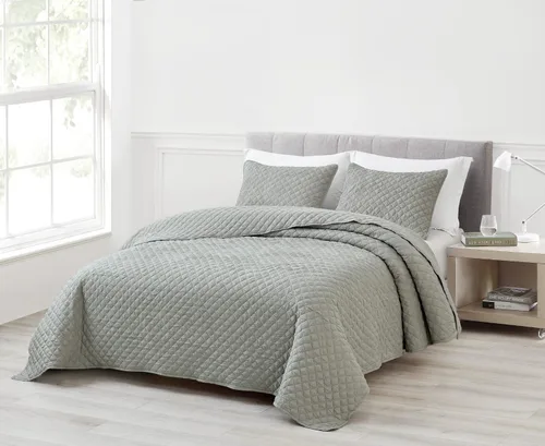 Vista 2 de Chezmoi Collection Pucker - Juego de edredón de 3 piezas, tamaño Queen, color gris, de microfibra suave, ligera, acolchada con diamantes, juego