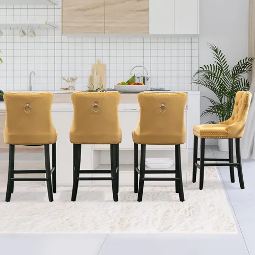 Vista 219 de SoarFlash Juego de 2 taburetes de bar tapizados de terciopelo moderno con patas de madera, botones acolchados, cabeza de clavo cromada, asiento