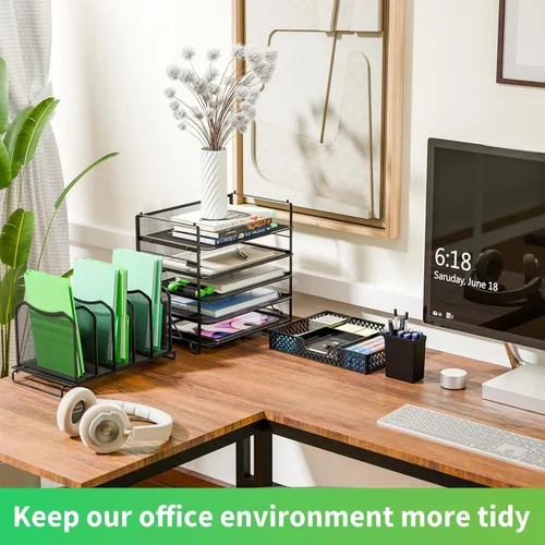 Vista 4 de Simple Trending – Organizador de archivos de escritorio de malla metálica de 5 niveles, bandejas para papel tamaño carta con cajón deslizante