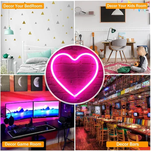 Vista 6 de Luces de corazón de neón – Lámpara de corazón LED rosa, decoración para el hogar, regalos colgantes, funciona con USB / pilas para dormitorio, sala