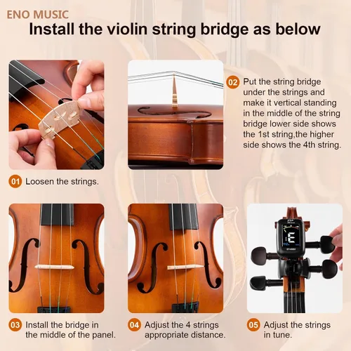 Vista 4 de ENO MUSIC Kit de violín de tamaño completo 4/4 para principiantes y adultos con arco de colofonia y estuche rígido, todos los accesorios