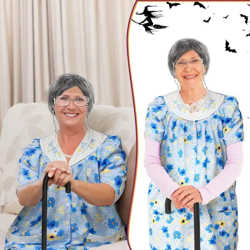 Vista 5 de Zhanmai 7 piezas de disfraz de anciana para niños y mujeres, peluca de abuelita para el día de la escuela, plegable, con muletas, cadenas, cordones