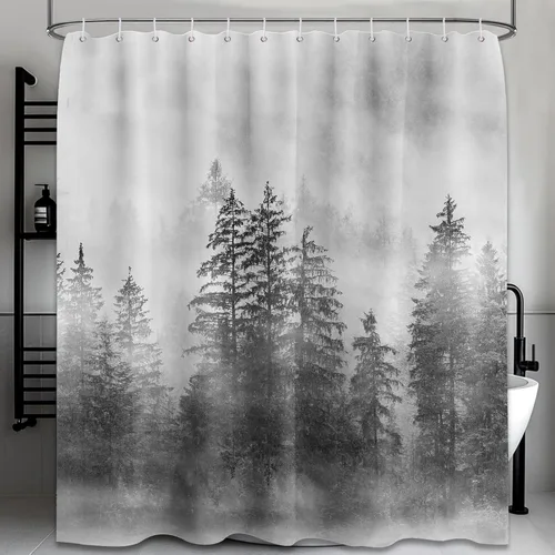 Vista 12 de Cortina de ducha estrecha para hombre, diseño de bosque negro y gris, para casa rodante, juego de decoración de baño, tela impermeable con ganchos