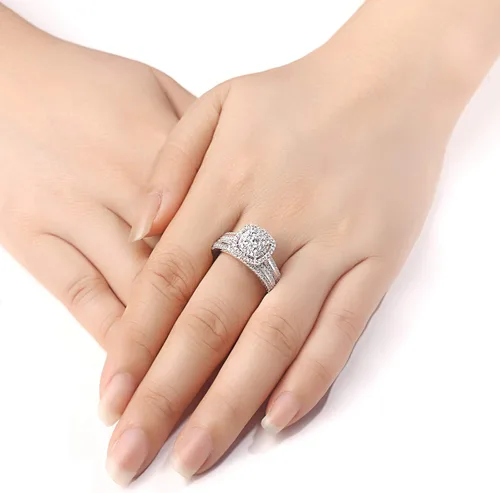 Vista 5 de Newshe Jewellery Anillos de compromiso para mujer, juego de anillos de boda AAAAA con circonita cúbica 925, banda redonda, 1.6 quilates, tamaño 5-12