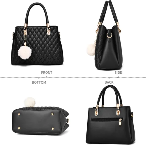 Vista 2 de Bolso de mano de cuero para mujer, bolso de hombro acolchado con asa superior para mujer con pompón