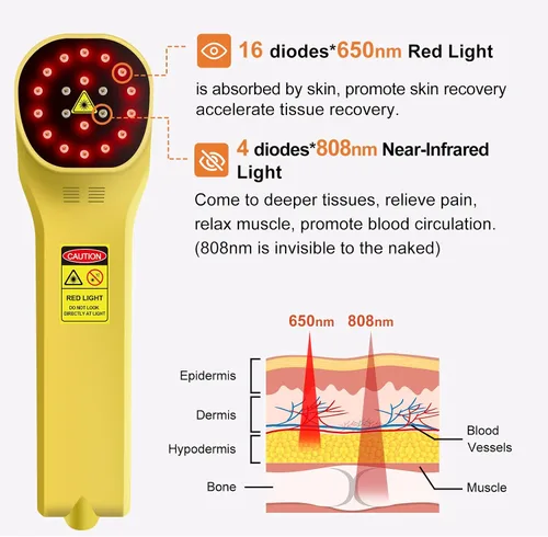 Vista 5 de Dispositivo de terapia de luz roja de 4x808nm +16x650nm para alivio del dolor de mascotas humanas, terapia de luz infrarroja cercana