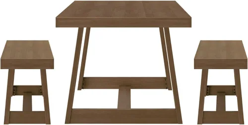 Vista 4 de Plank+Beam Juego de mesa de comedor de madera clásica, mesa de comedor de madera maciza con 2 bancos para comedor/cocina, cepillo de alambre de nuez