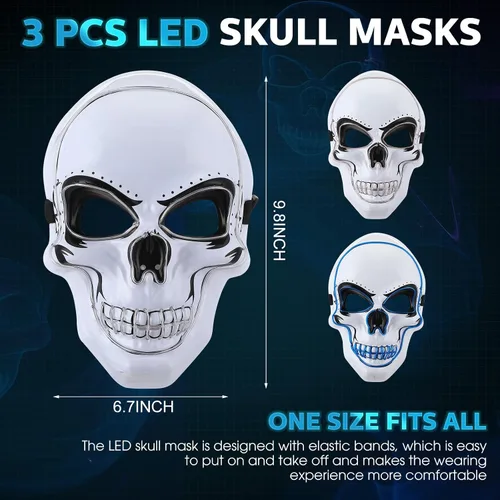 Vista 2 de [Usado] Liliful 3 máscaras de Halloween con luces LED de calavera aterradora con alambre electroluminiscente, 3 modos intermitentes, accesorios