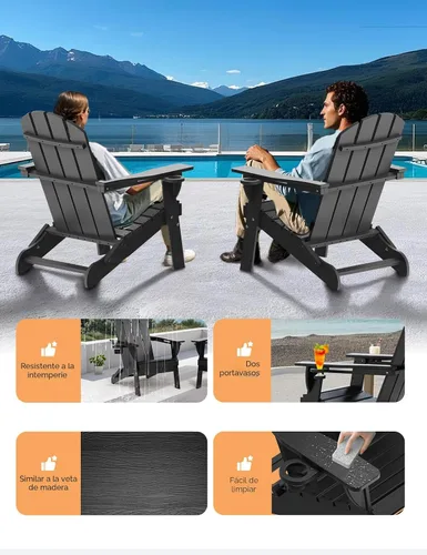 Vista 4 de Silla Adirondack Plegable, Sillas Adirondack de Plástico con Textura de Madera con 2 Portavasos, Silla para Hoguera de HDPE Resistente a