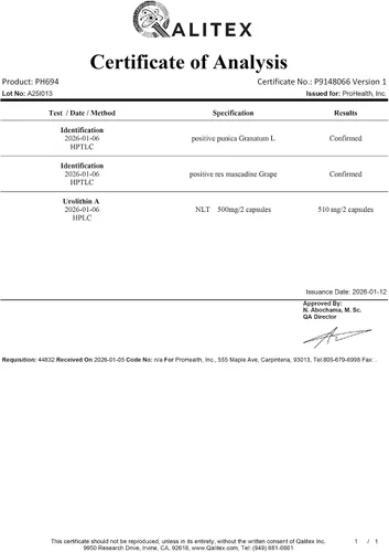 Vista 8 de ProHealth Urolitina A de espectro completo 60 cápsulas Soporte celular para un envejecimiento saludable con extractos de granada y uva roja
