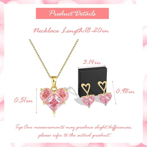 Vista 5 de Dcfywl731 Juego de aretes de San Valentín, collar de corazón rosa, aretes para mujer, juego de joyas de corazón con diamantes de imitación, regalo