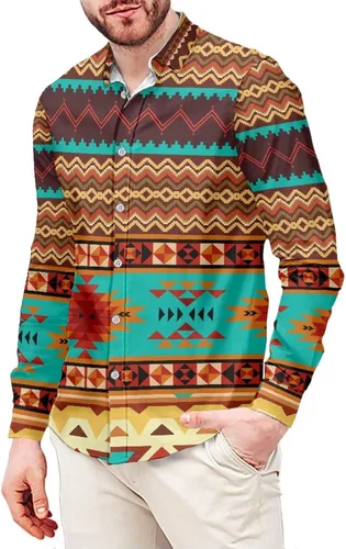 Vista 17 de Camisa azteca con botones para hombre, patrón nativo americano, camisas de manga larga con cuello en V y nación tribal