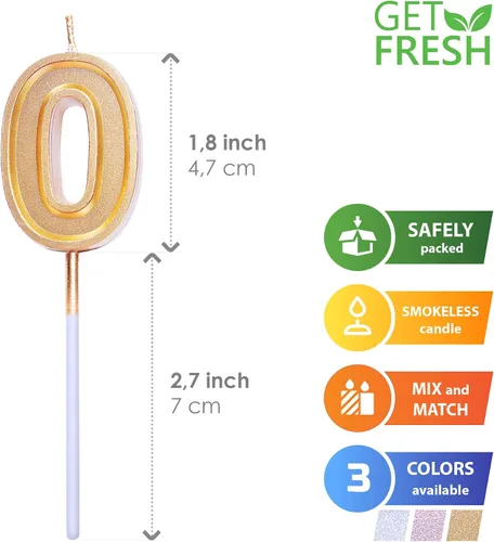 Vista 2 de GET FRESH Vela de cumpleaños número 0 – Vela dorada del número cero en barra – Elegantes velas de números dorados para cumpleaños, aniversario