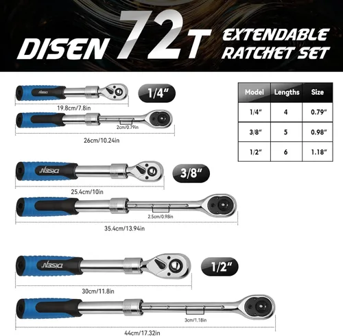 Vista 6 de DISEN Juego de 3 Llaves de Trinquete Extensibles, Impulso de 1/4" 3/8" 1/2", 72 Dientes, Liberación Rápida, Llaves de Vaso con Impulso Reversible