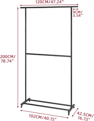 Vista 4 de Sywhitta Perchero de Ropa de Doble Barra Rodante, Organizador de Ropa con Ruedas para Colgar Ropa, Fácil de Ensamblar, Ajustable, Negro