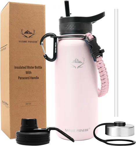 Vista 11 de NATURE PIONEOR Botellas de agua aisladas con mango de paracord - Botella de agua deportiva al vacío de boca ancha de 32 onzas con 3 tapas, acero