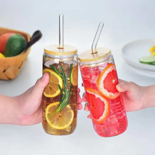 Vista 4 de SENTVEND Vasos para Beber de 20 Oz con Tapas de Bambú y Popote de Vidrio - 6 Pzas Vasos de Vidrio Vasos para Cerveza Café Helado Lindos Vasos