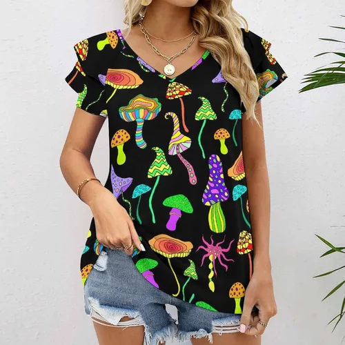 Vista 2 de Womens Short Sleeve Shirts V Neck Lotus Leaf Short Sleeve Tops Summer Blouse Shirts