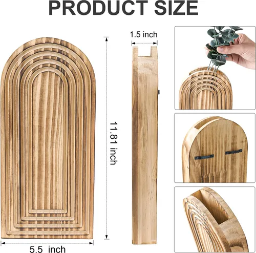 Vista 4 de DREAMLOOM Paquete de 2 jarrones de pared de madera con plantas artificiales de eucalipto, macetas para colgar en la pared, estilo bohemio y moderno