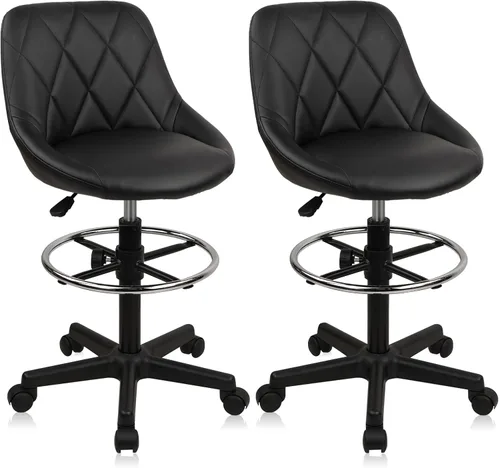 Vista 14 de KLASIKA Silla de dibujo con respaldo, taburete giratorio de cuero sintético ajustable en altura con anillo para el pie, silla de oficina ergonómica