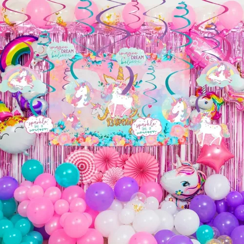 Vista 4 de Decoraciones colgantes de remolinos – 5 y 7 pulgadas (paquete de 12) – Perfecto para fiestas temáticas y eventos, unicornio encantado