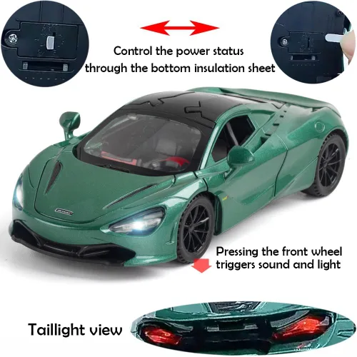 Vista 4 de Aleación coleccionable verde 720s modelo de coche de juguete tire hacia atrás vehículo DieCast con luces y sonido