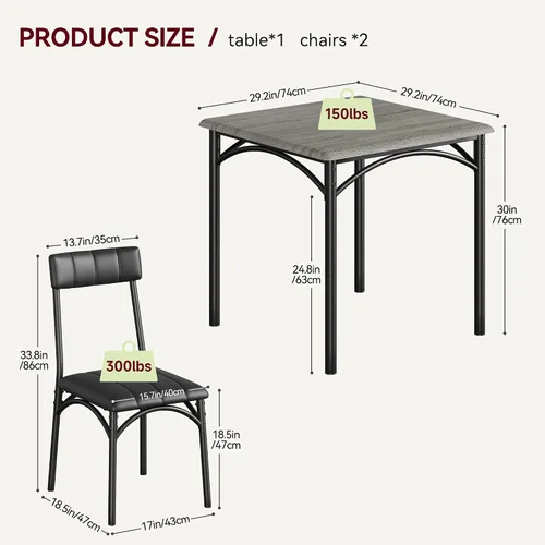 Vista 5 de Alkmaar Juego de mesa de cocina cuadrada de 3 piezas, 2 sillas tapizadas, para espacios pequeños, apartamento, gris retro