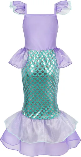 Vista 2 de Benylion Disfraz de princesa de sirena para niñas pequeñas, vestido de fiesta de lentejuelas para niños, Halloween, cumpleaños, vestido