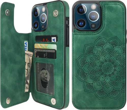 Vista 12 de Vaburs Funda compatible con iPhone 13 Pro Max con tarjetero y diseño de mandala en relieve, de piel sintética, doble botones, a prueba de golpes