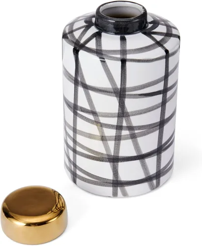 Vista 6 de Elements Tarro de cerámica con tapa de garabatos en blanco y negro de 9 pulgadas, recipiente decorativo de cerámica con tapa dorada para decoración