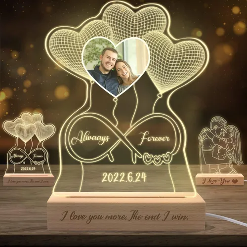 Vista 8 de Luz nocturna de ilusión 3D personalizada, lámpara de nombre personalizada, placa de luz acrílica con corazón LED, soporte grabado de madera